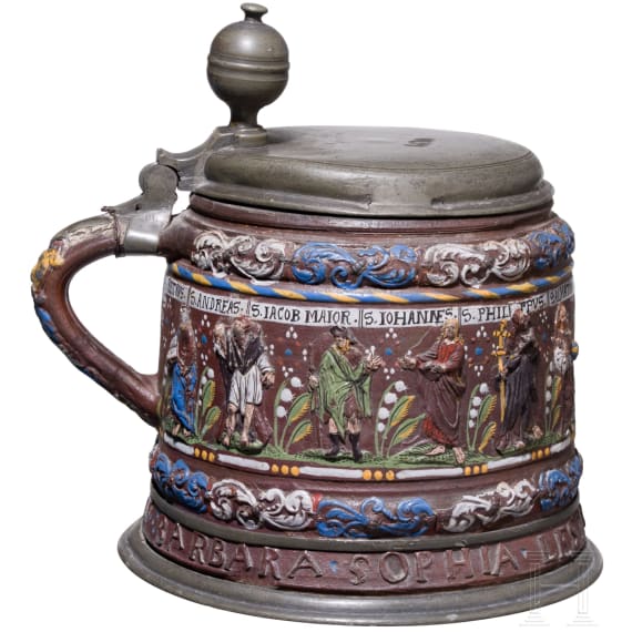 A pewter-mounted Creussen salt-glazed and polychrome enamelled stoneware tankard (Apostelkrug), 17th century