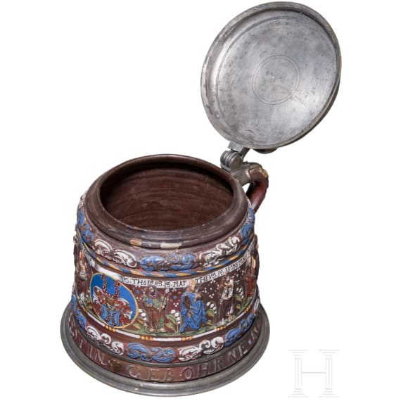 A pewter-mounted Creussen salt-glazed and polychrome enamelled stoneware tankard (Apostelkrug), 17th century