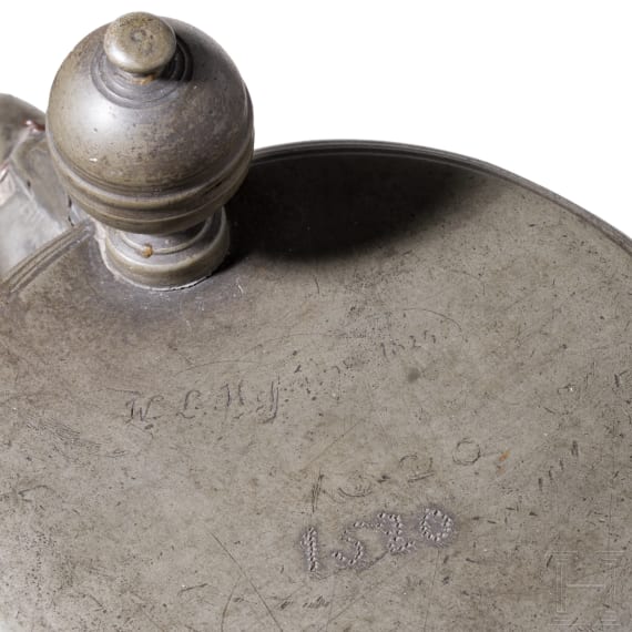 A pewter-mounted Creussen salt-glazed and polychrome enamelled stoneware tankard (Apostelkrug), 17th century