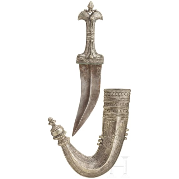 A silver and nickel-silver mounted Yemenite djambia, 20th century