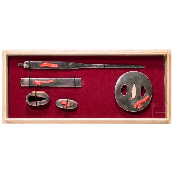 A silver set of Koshirae set with corals, Meiji-Period