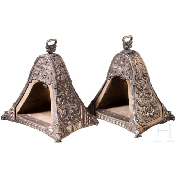 A massive pair of Peruvian silver clad stirrups, 18th century