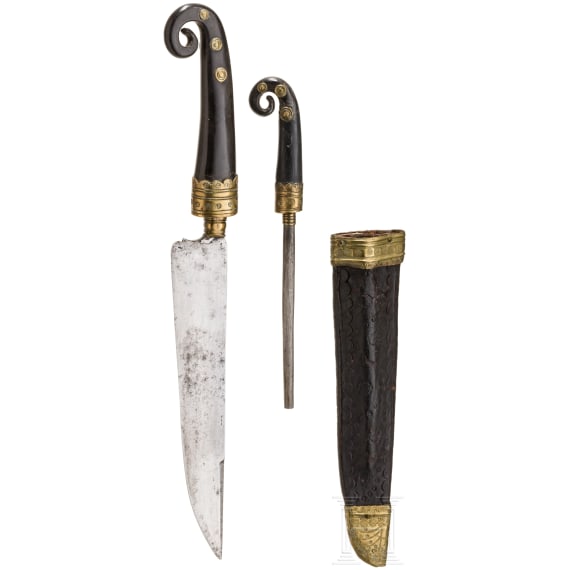 A large Alpine carter's cutlery set with chamois horn handles, circa 1800