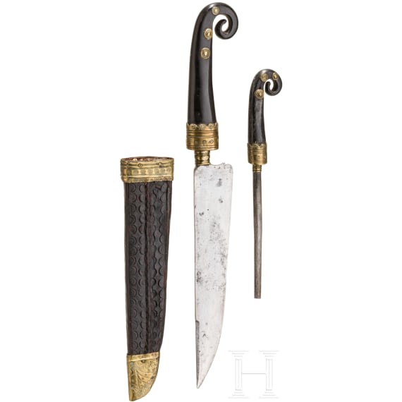A large Alpine carter's cutlery set with chamois horn handles, circa 1800