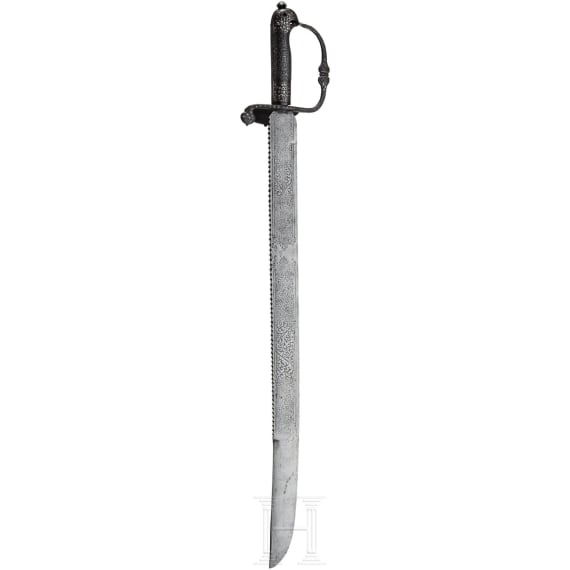 A short English cutlass with silver-damascened hilt, dated 1630
