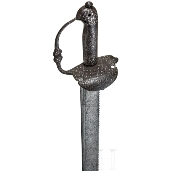 A short English cutlass with silver-damascened hilt, dated 1630