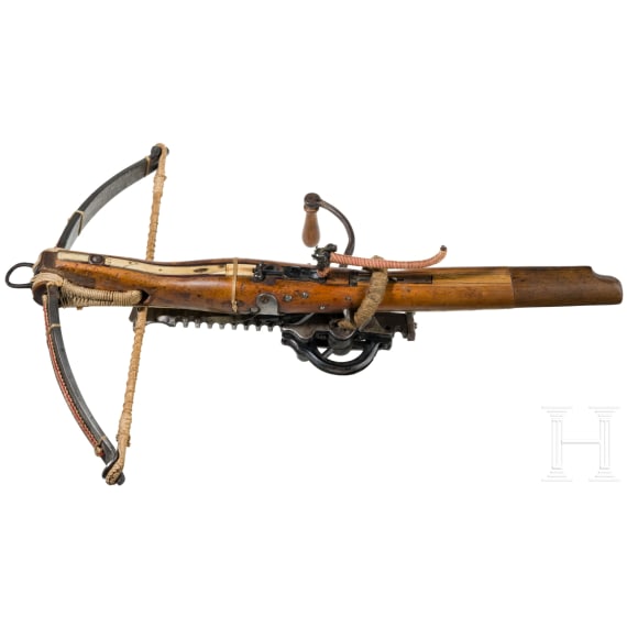 A Swiss bone-inlaid crossbow with cranequin, 17th/19th century