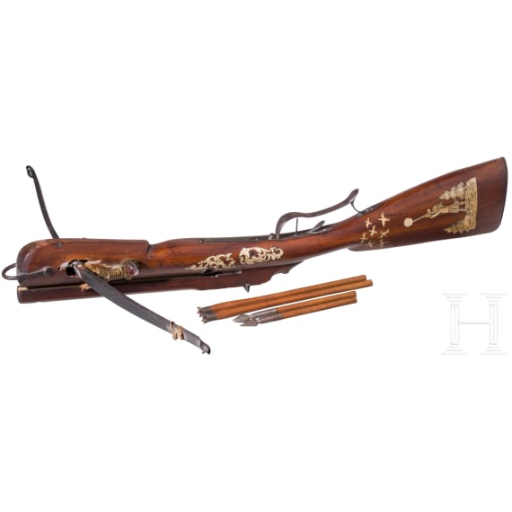 A Saxon crossbow with four bolts, dated 1755