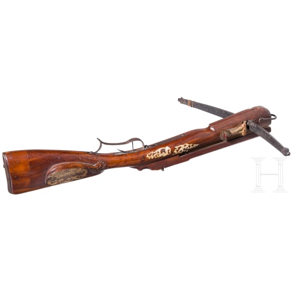 A Saxon crossbow with four bolts, dated 1755