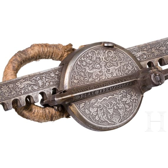 A lavishly etched Nuremberg Renaissance cranequin, dated 1589