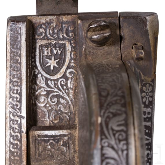 A lavishly etched Nuremberg Renaissance cranequin, dated 1589