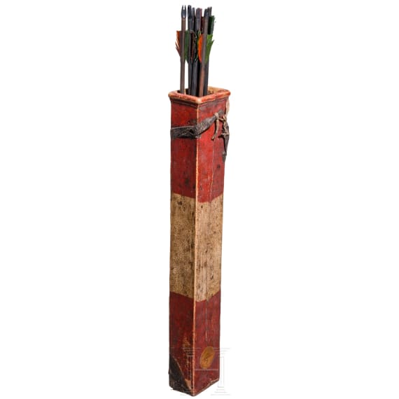 A decorated archer's quiver and seven arrows for a longbow in 15th/16th century style