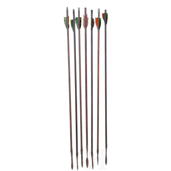 A decorated archer's quiver and seven arrows for a longbow in 15th/16th century style
