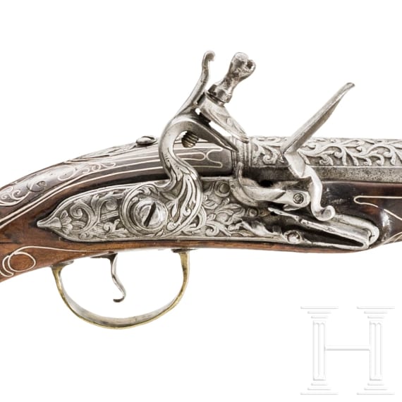 A Balkan Turkish cut and silver-inlaid flintlock pistol, 18th century