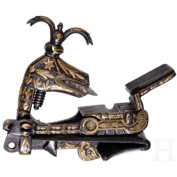 A gold-damascened Ottoman miquelet-lock for a tufek rifle, circa 1800