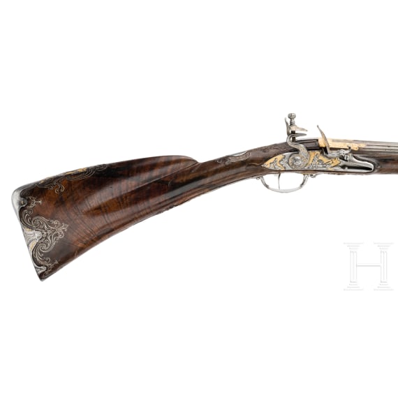 A distinguished French flintlock shotgun by Jean Baptiste Laroche, Arquebusier du Roi Louis XV, of Paris, circa 1750