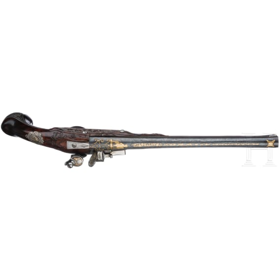 A fine pair of flintlock pistols from the armoury of the Duke of Bavaria, Charles Albert (1726-45), by Johann Gottfried Kolbe of Suhl, circa 1740