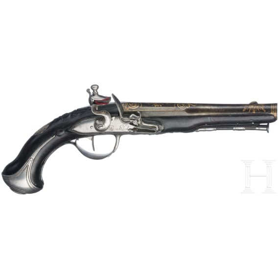 A French gold-inlaid flintlock pistol, Pierre Penel, circa 1750