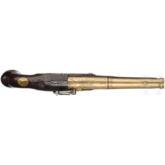 A converted percussion pistol with brass barrel, Cassaignard &agrave; Nantes (F), circa 1800