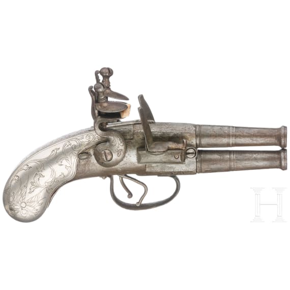 A British double-barreled flintlock pistol, circa 1800