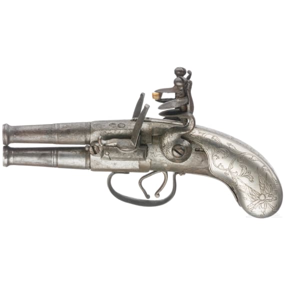 A British double-barreled flintlock pistol, circa 1800