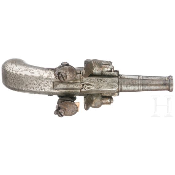 A British double-barreled flintlock pistol, circa 1800