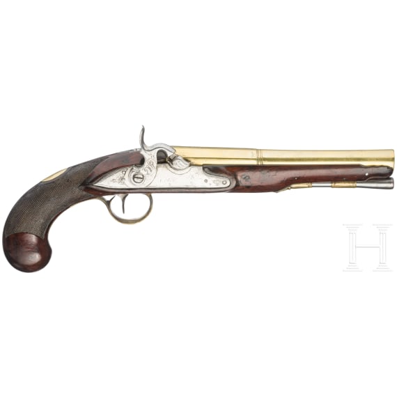 A British converted percussion pistol with brass barrel, Grice, circa 1800