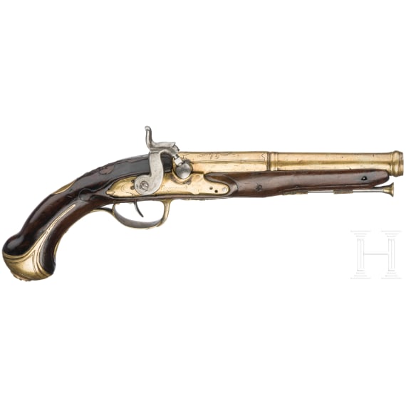 A converted percussion pistol with brass barrel, Cassaignard &agrave; Nantes (F), circa 1800