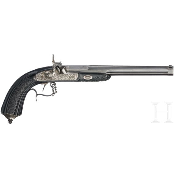 A French percussion flintlock pistol with ebony stock, circa 1840/50