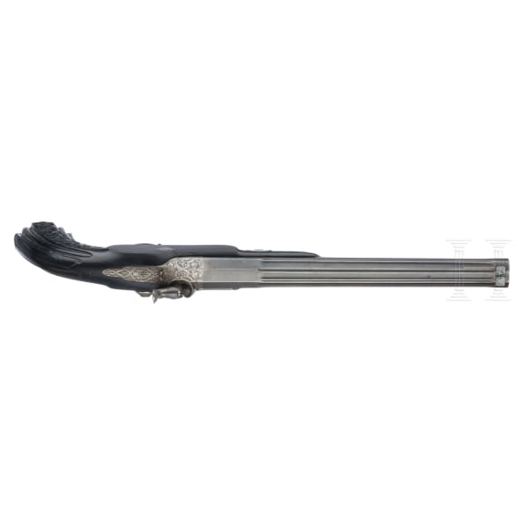 A French percussion flintlock pistol with ebony stock, circa 1840/50