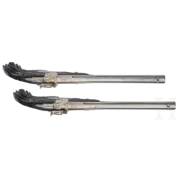 A cased pair of fine ebony stocked percussion pistols by Anton Krebs of Vienna, circa 1860