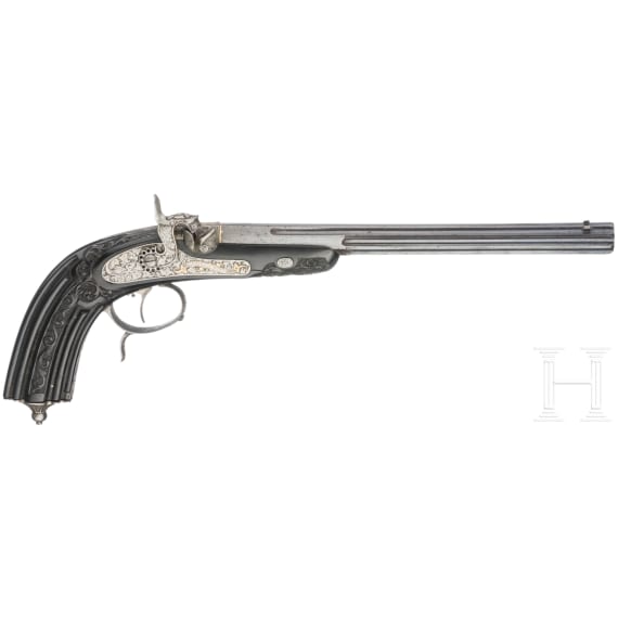 A cased pair of fine ebony stocked percussion pistols by Anton Krebs of Vienna, circa 1860
