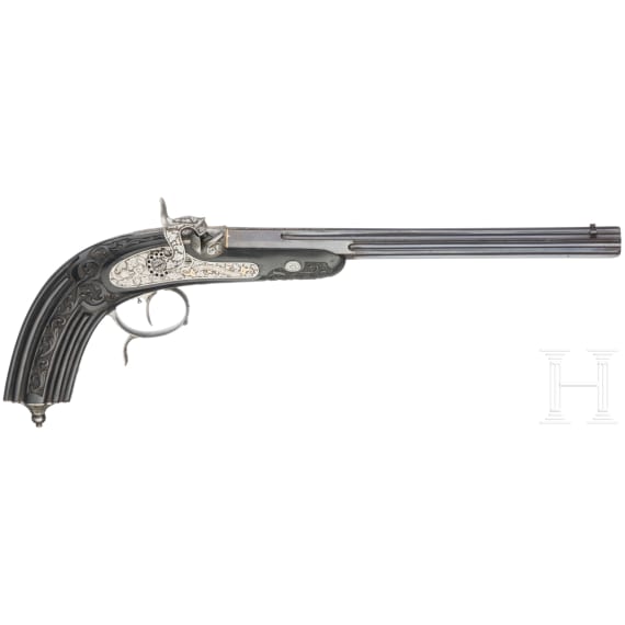 A cased pair of fine ebony stocked percussion pistols by Anton Krebs of Vienna, circa 1860