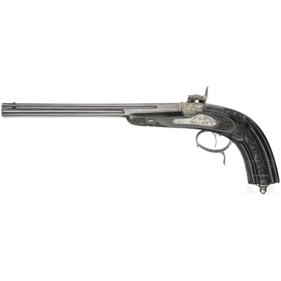 A cased pair of fine ebony stocked percussion pistols by Anton Krebs of Vienna, circa 1860