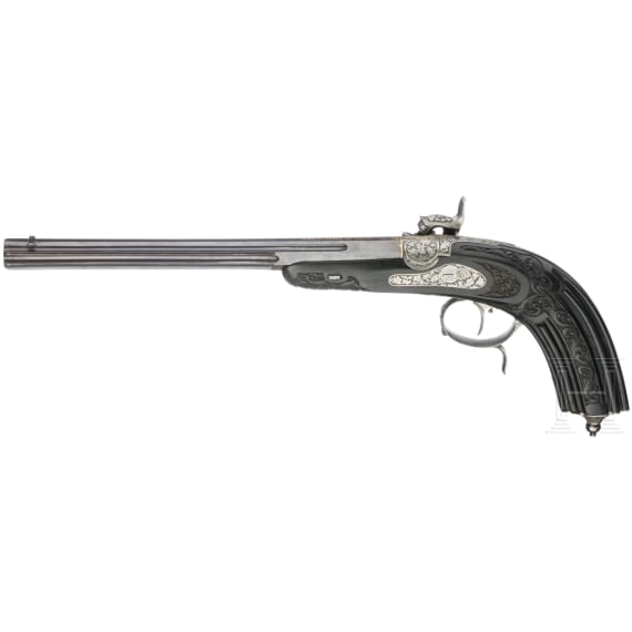 A cased pair of fine ebony stocked percussion pistols by Anton Krebs of Vienna, circa 1860