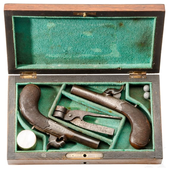 A pair of percussion pocket pistols in a box, Smith, Sheffield, circa 1850