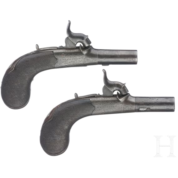 A pair of percussion pocket pistols in a box, Smith, Sheffield, circa 1850