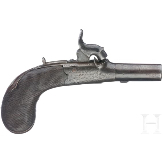 A pair of percussion pocket pistols in a box, Smith, Sheffield, circa 1850