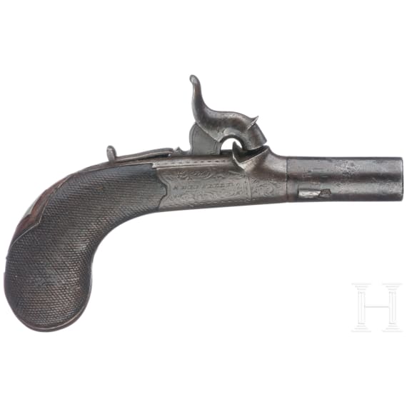 A pair of percussion pocket pistols in a box, Smith, Sheffield, circa 1850