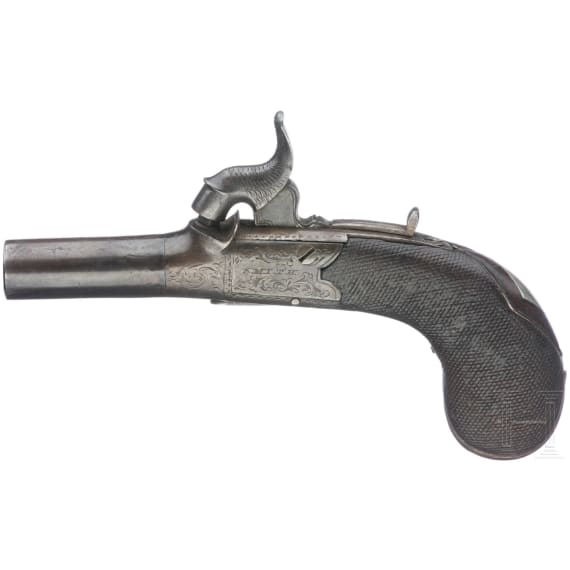 A pair of percussion pocket pistols in a box, Smith, Sheffield, circa 1850