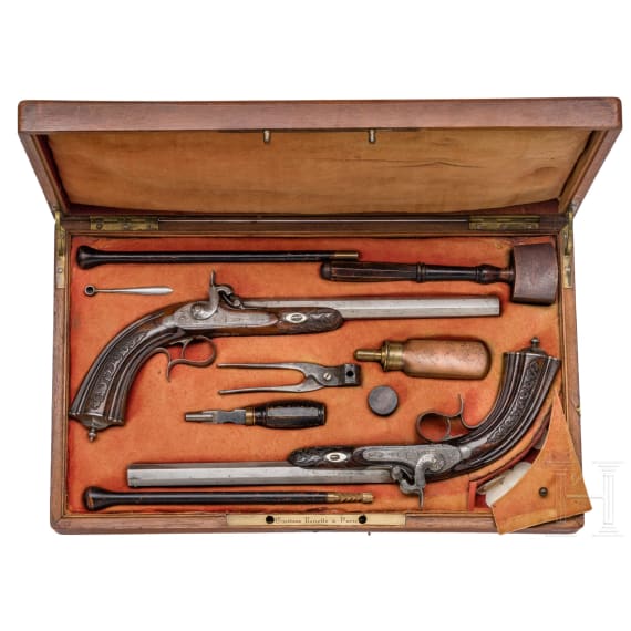 A cased pair of percussion pistols belonging to Honor&eacute; Charles Baston de La Riboisi&egrave;re, Gastinne Renette &agrave; Paris, circa 1850
