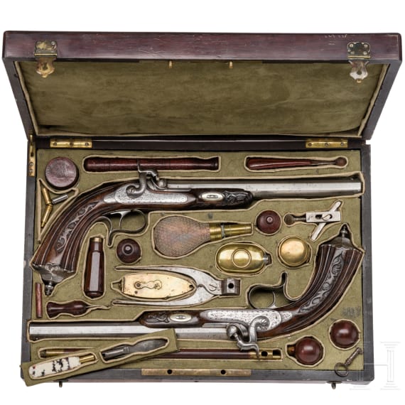 A pair of percussion pistols in a case, Geerinckx in Paris, circa 1850