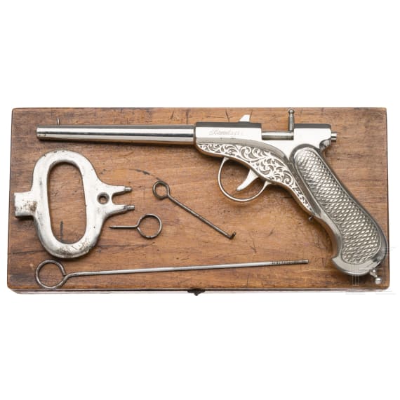 An early air pistol "MF" with accessories in case, Gaggenau, circa 1880