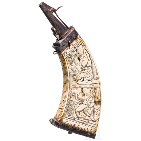 A German musketeer's powder flask, circa 1600