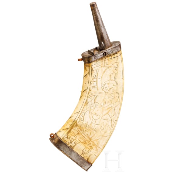 A large musketeer powder flask, Nuremberg, circa 1600