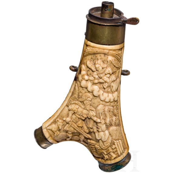 A German renaissance staghorn powderflask with later mountings