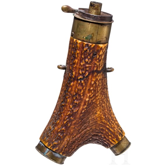 A German renaissance staghorn powderflask with later mountings