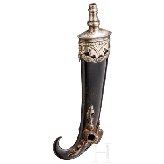 A silver-mounted Alpine primer flask with wheel-lock bowl, circa 1700