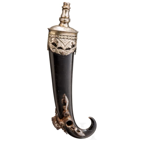 A silver-mounted Alpine primer flask with wheel-lock bowl, circa 1700