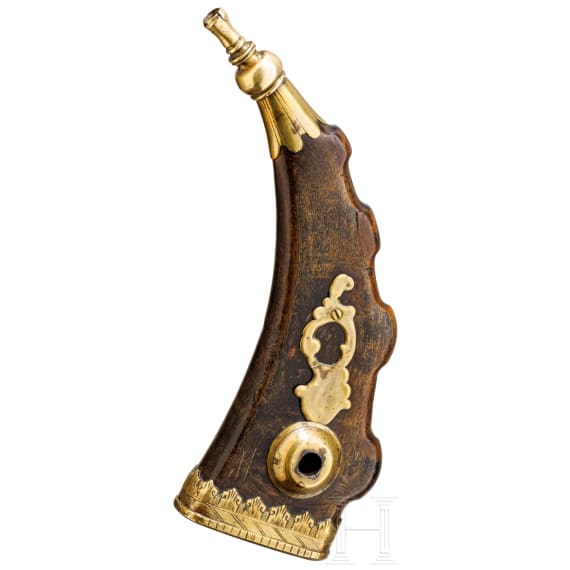 A South German ibex powder flask with wheel lock key, 18th century